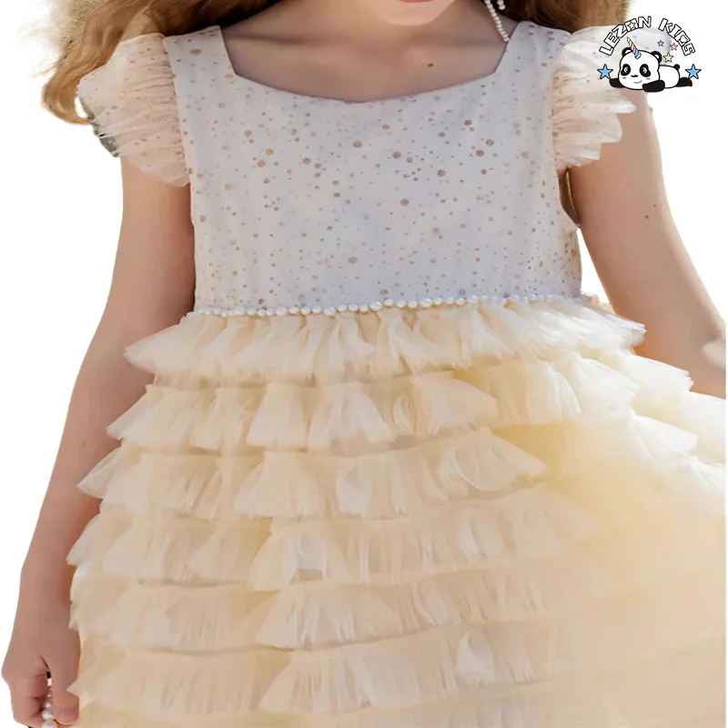 LEZONKIDS - Melhor Novo Produto de 2024 Vestido de Bolo Tutu com Manga de Renda Ruffle Últimos Desenhos de Vestidos para Crianças
